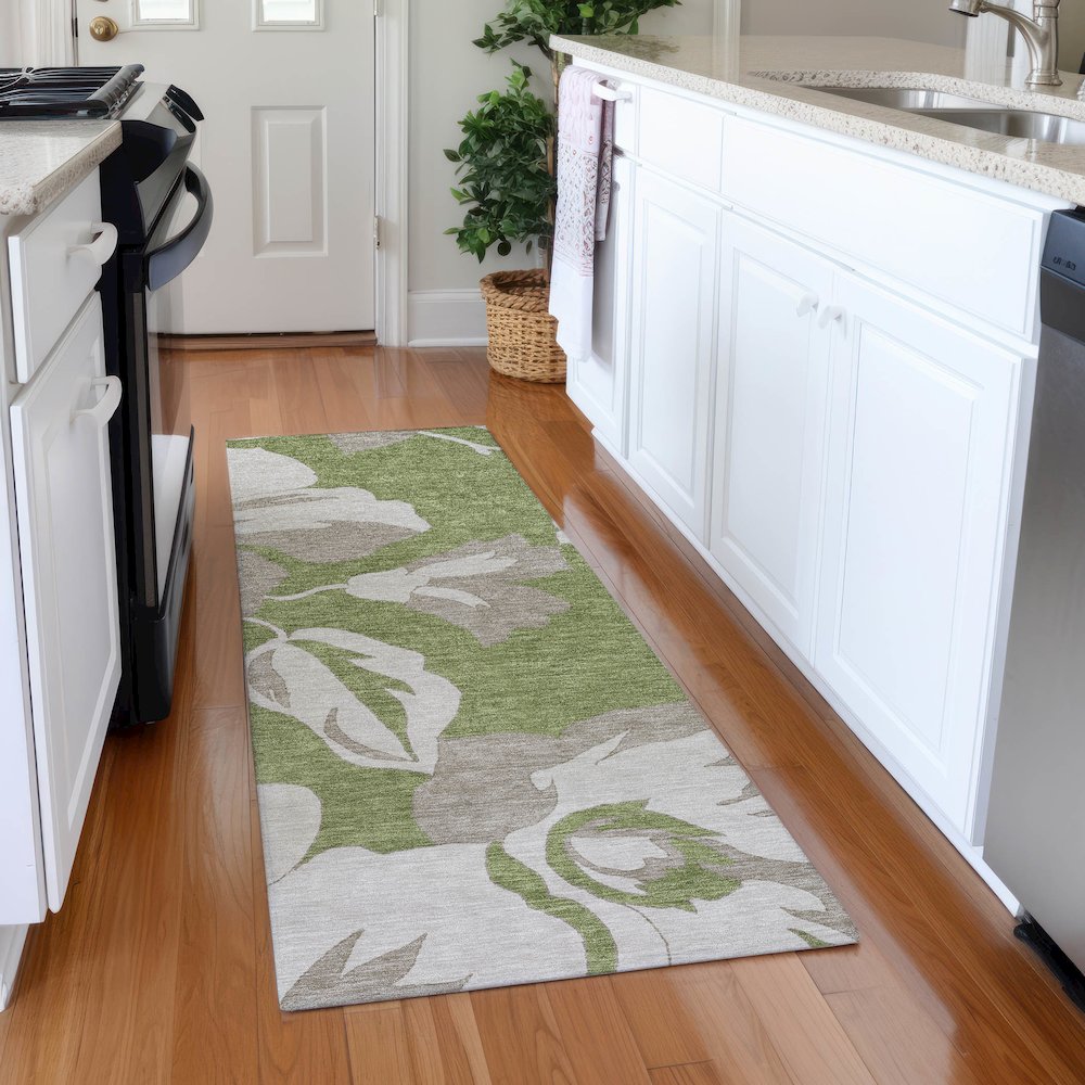 Premium Machine Washable Mayfield AMF857 Olive 2'3" x 7'6" Runner Rug. Picture 5