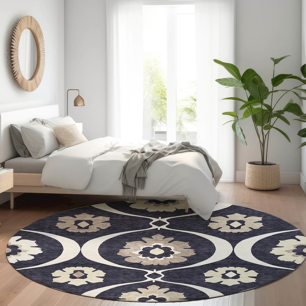 Premium Machine Washable Mayfield AMF858 Black 8' x 8' Round Rug. Picture 5