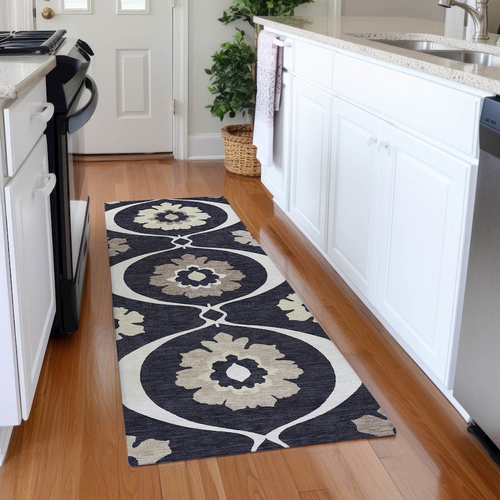 Premium Machine Washable Mayfield AMF858 Black 2'3" x 7'6" Runner Rug. Picture 5