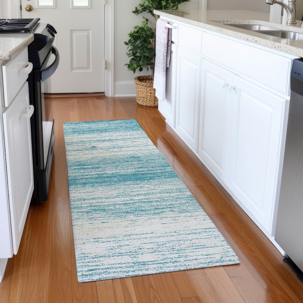 Premium Machine Washable Mayfield AMF859 Teal 2'3" x 7'6" Runner Rug. Picture 5