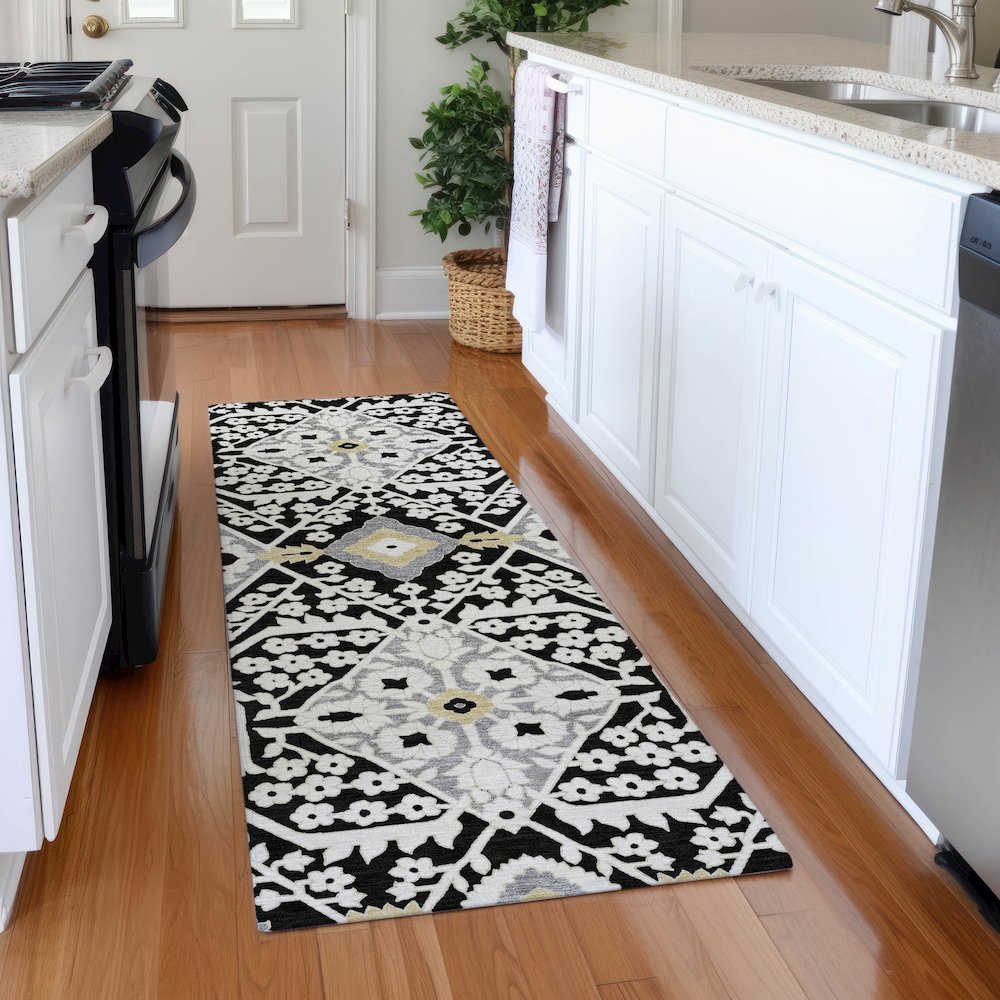 Premium Machine Washable Mayfield AMF863 Black 2'3" x 7'6" Runner Rug. Picture 5
