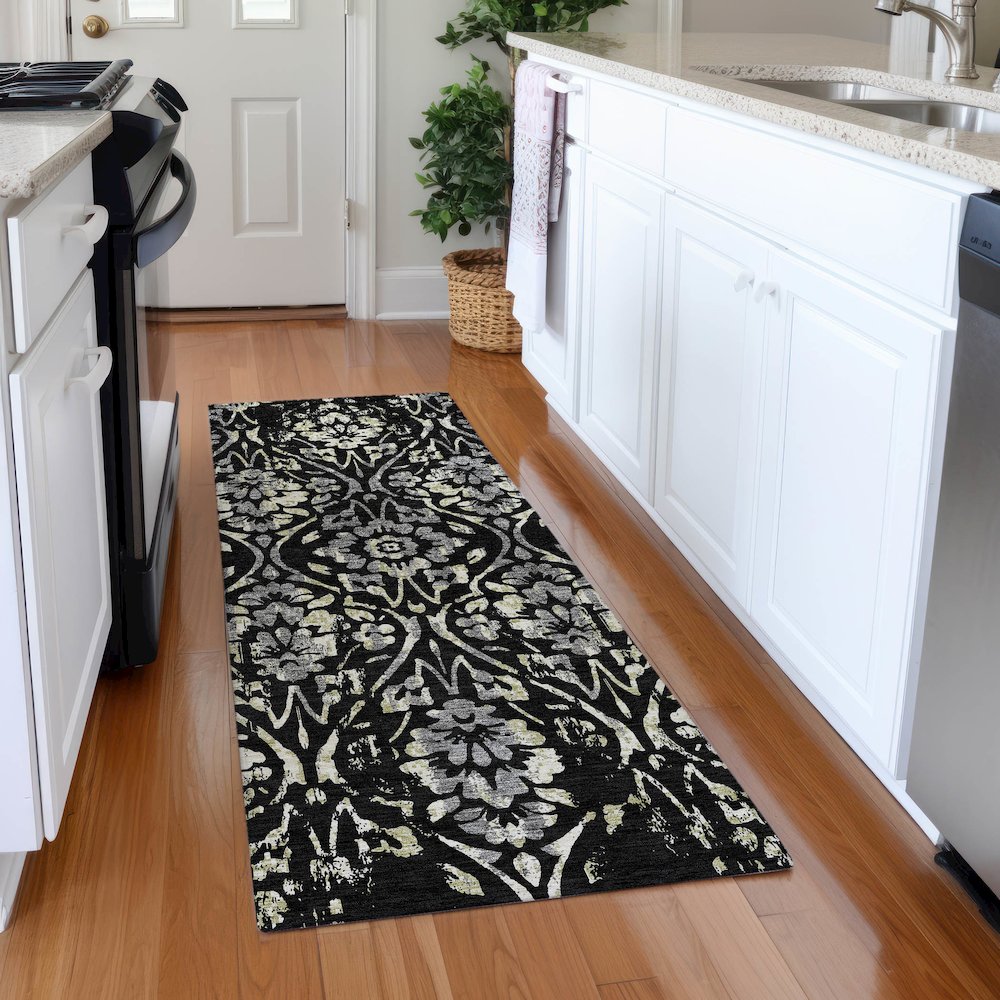 Premium Machine Washable Mayfield AMF868 Black 2'3" x 7'6" Runner Rug. Picture 5