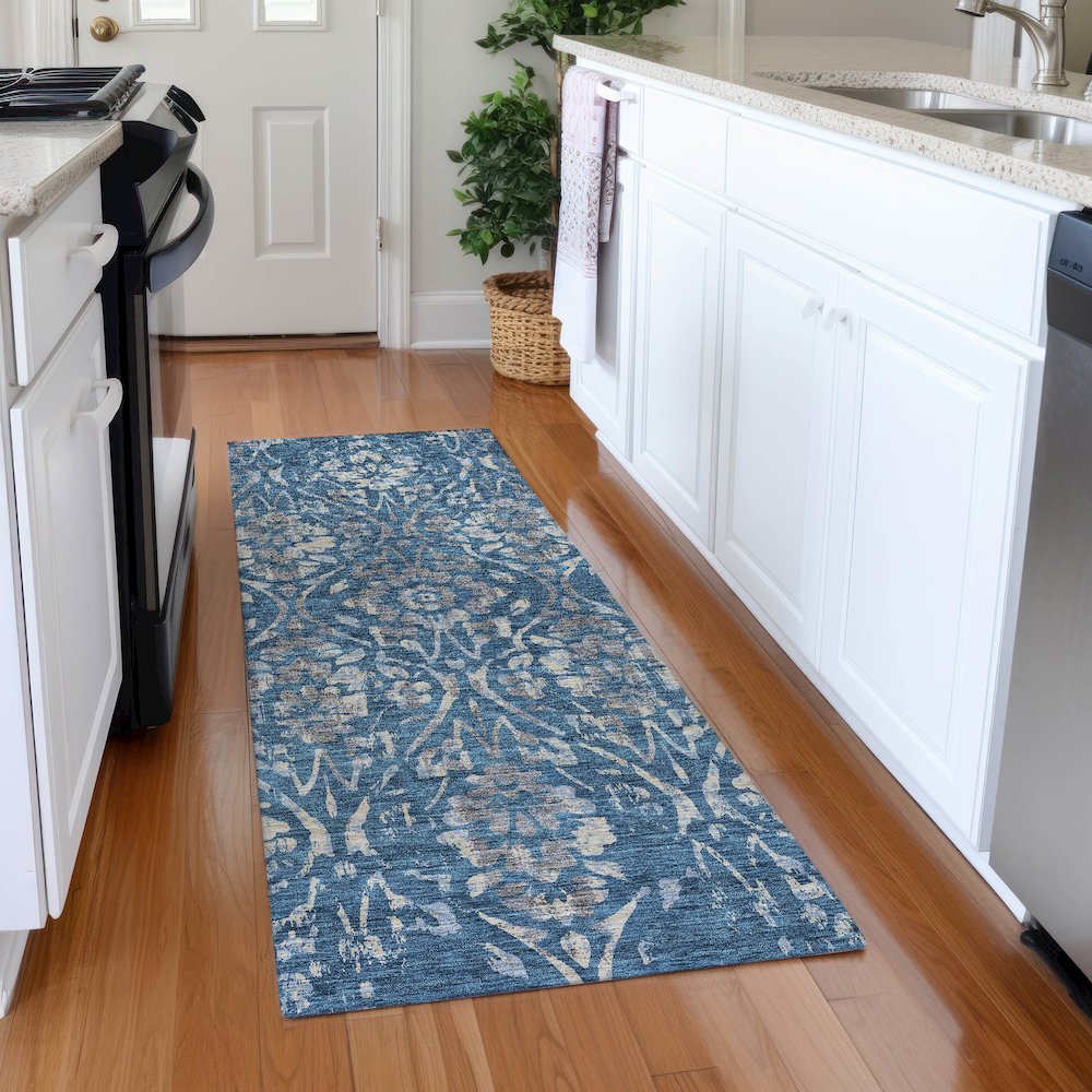 Premium Machine Washable Mayfield AMF868 Blue 2'3" x 7'6" Runner Rug. Picture 5