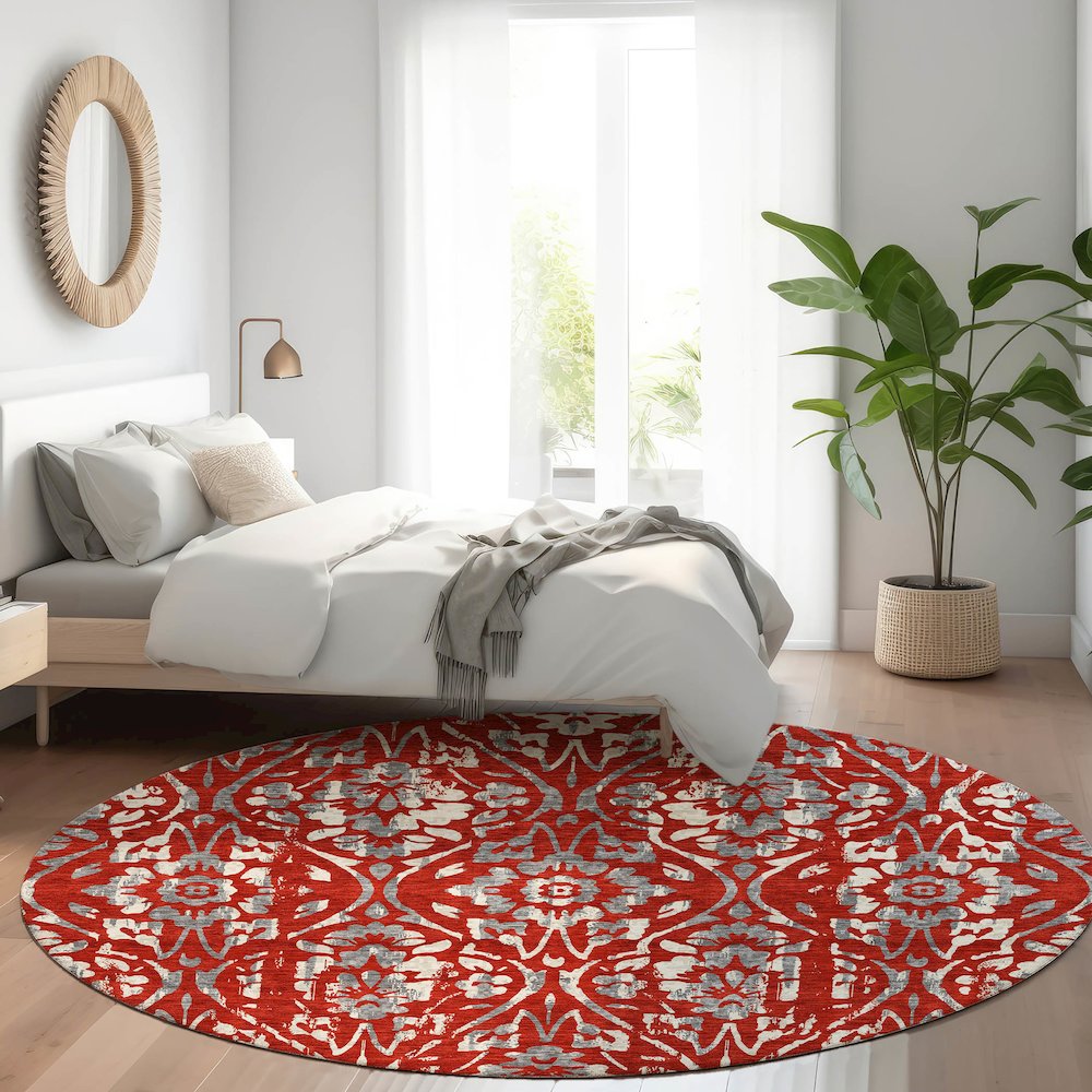 Premium Machine Washable Mayfield AMF868 Red 8' x 8' Round Rug. Picture 5