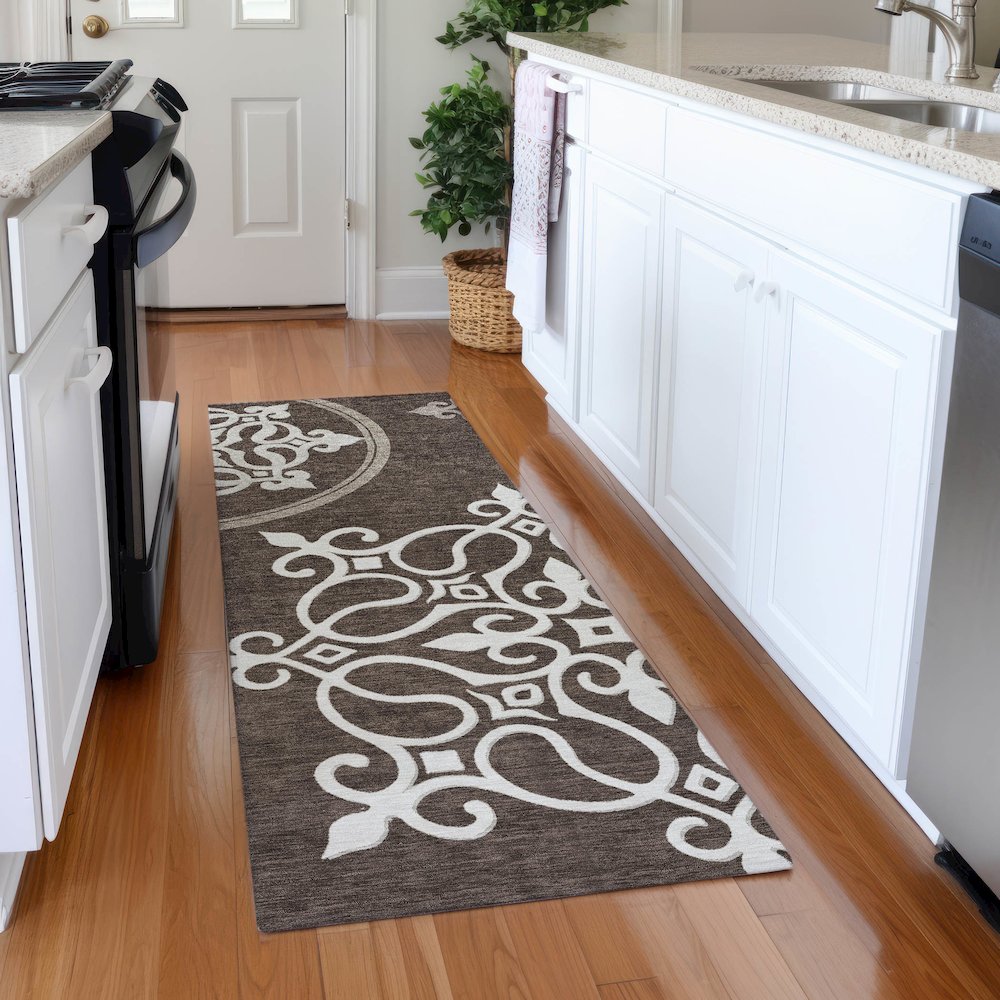 Premium Machine Washable Mayfield AMF874 Chocolate 2'3" x 7'6" Runner Rug. Picture 5