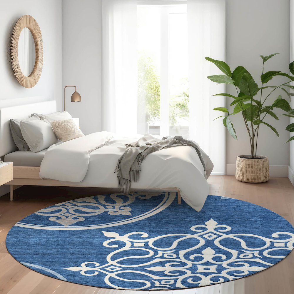 Premium Machine Washable Mayfield AMF874 Navy 8' x 8' Round Rug. Picture 5