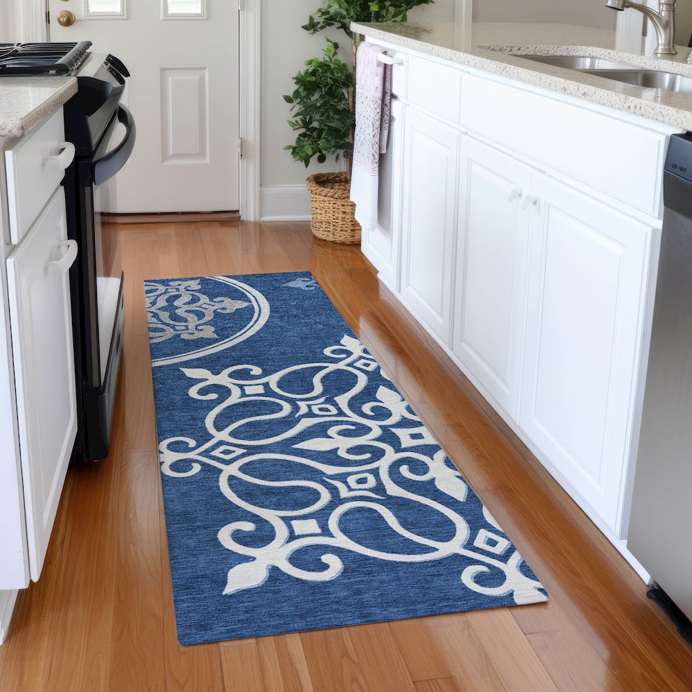 Premium Machine Washable Mayfield AMF874 Navy 2'3" x 7'6" Runner Rug. Picture 5