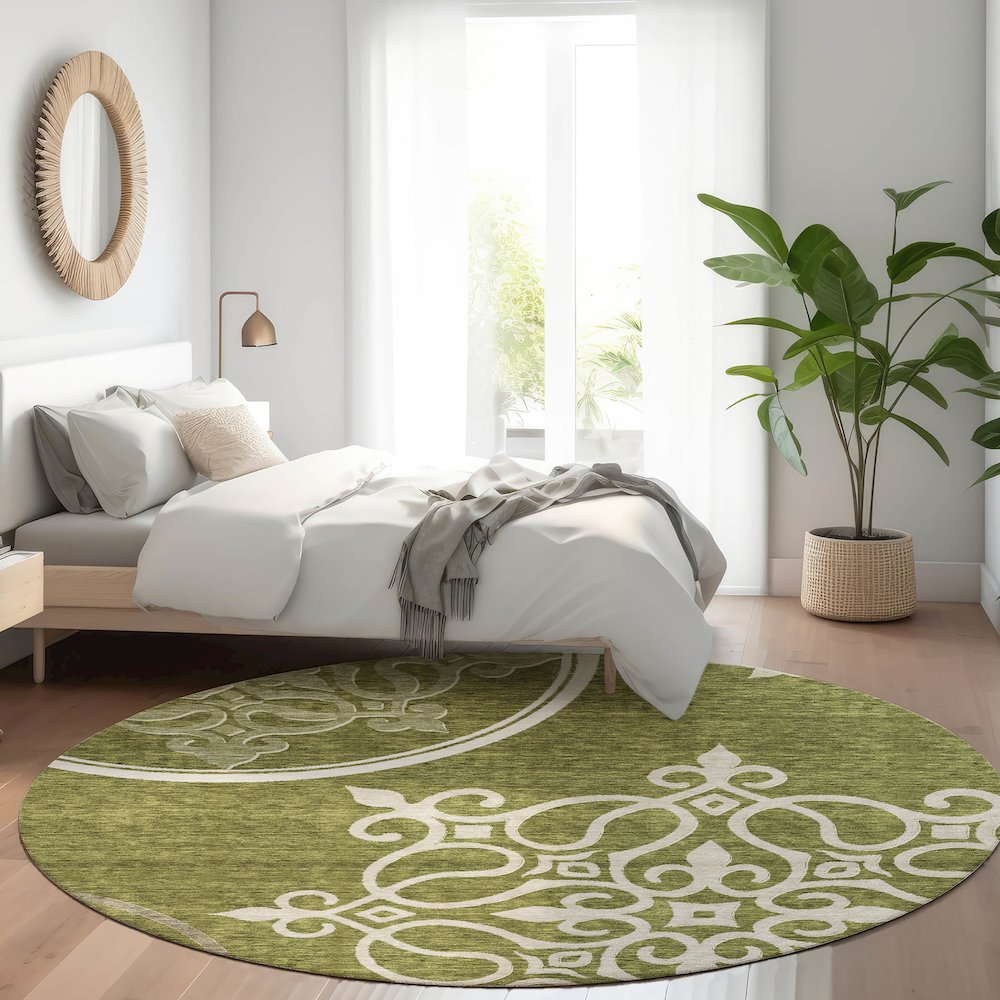 Premium Machine Washable Mayfield AMF874 Olive 8' x 8' Round Rug. Picture 5