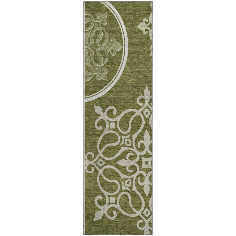 Premium Machine Washable Mayfield AMF874 Olive 2'3" x 7'6" Runner Rug. Picture 1