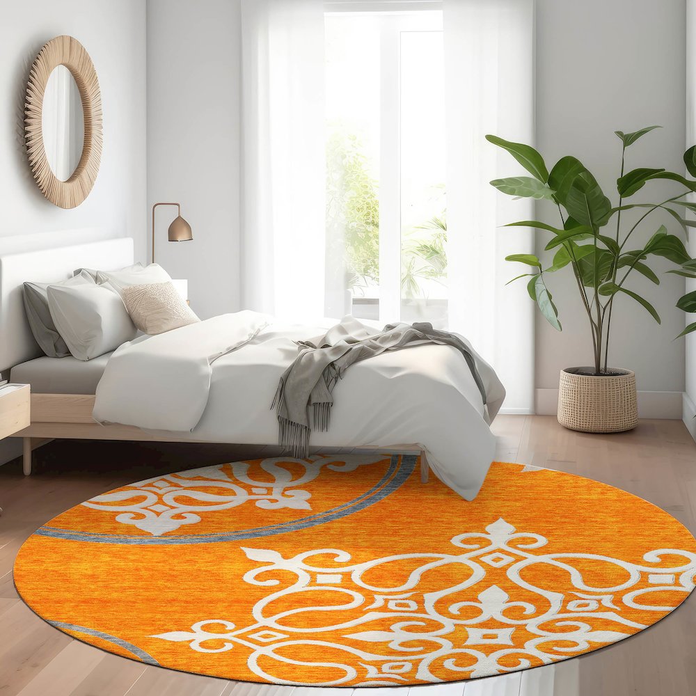 Premium Machine Washable Mayfield AMF874 Orange 8' x 8' Round Rug. Picture 5