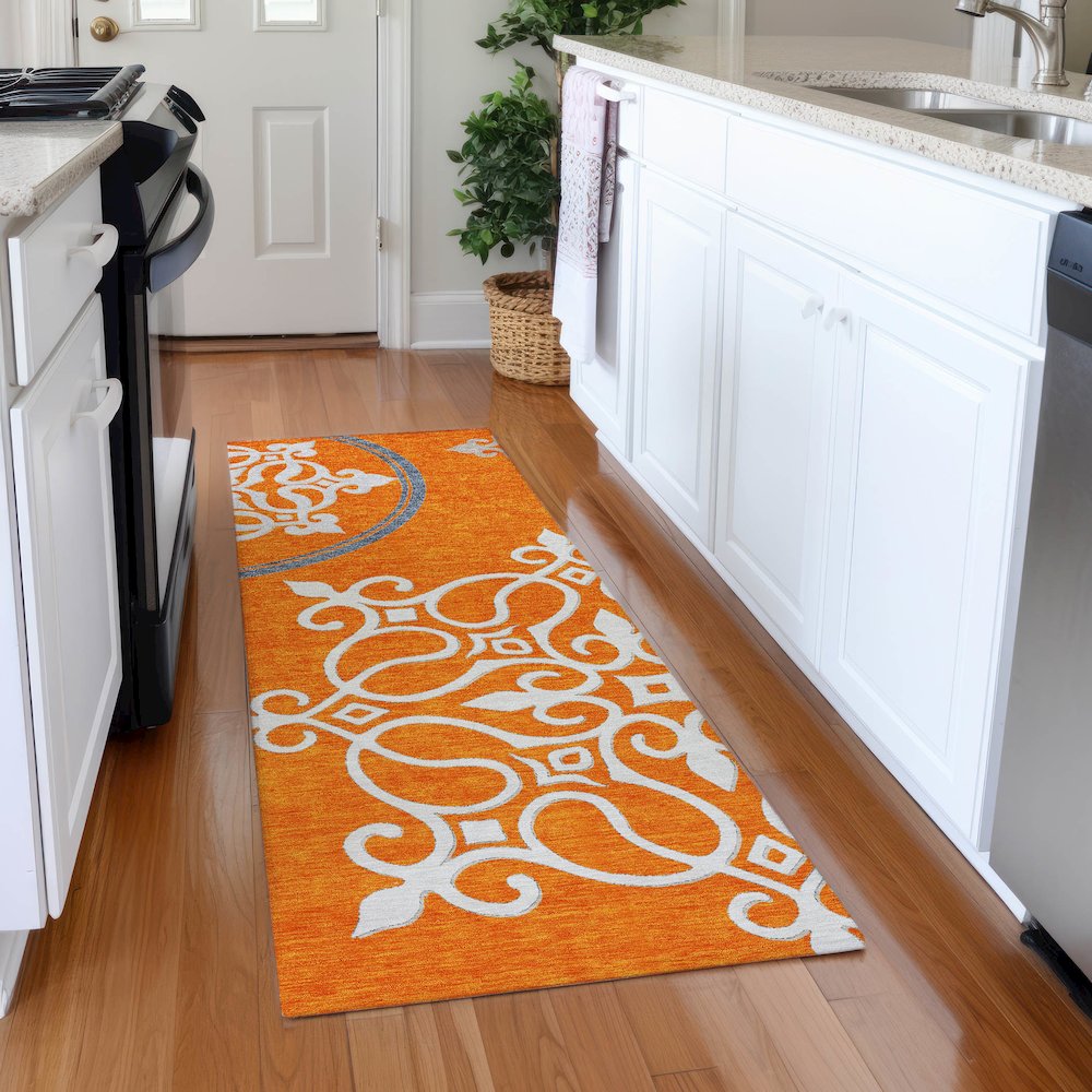 Premium Machine Washable Mayfield AMF874 Orange 2'3" x 7'6" Runner Rug. Picture 5