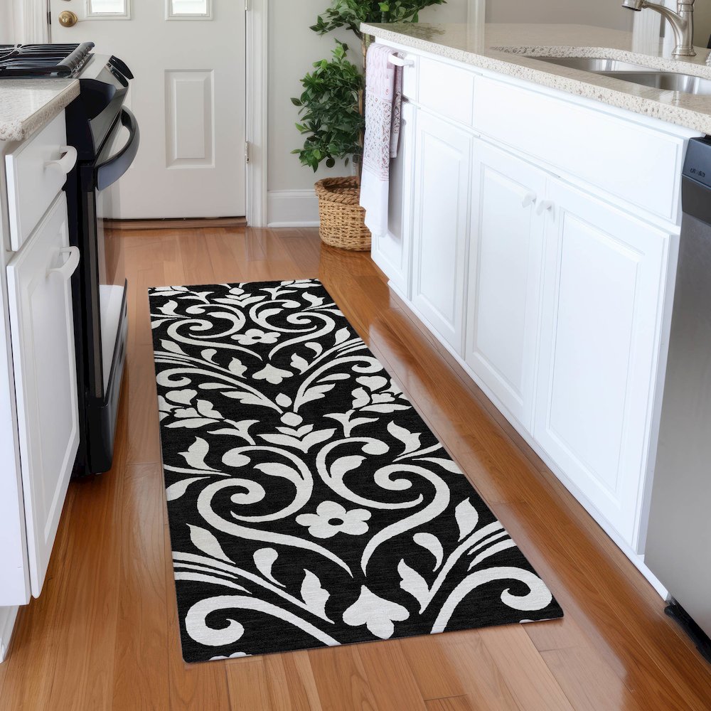 Premium Machine Washable Mayfield AMF875 Black 2'3" x 7'6" Runner Rug. Picture 5