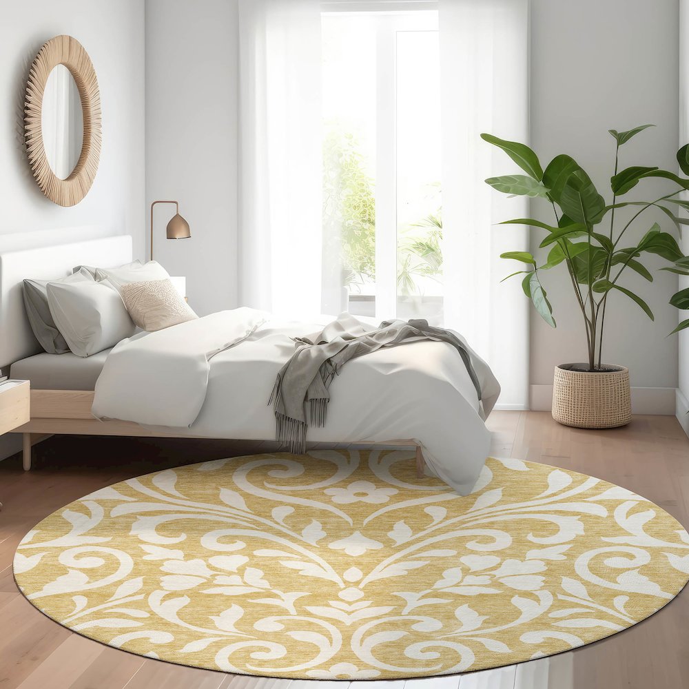 Premium Machine Washable Mayfield AMF875 Gold 8' x 8' Round Rug. Picture 5