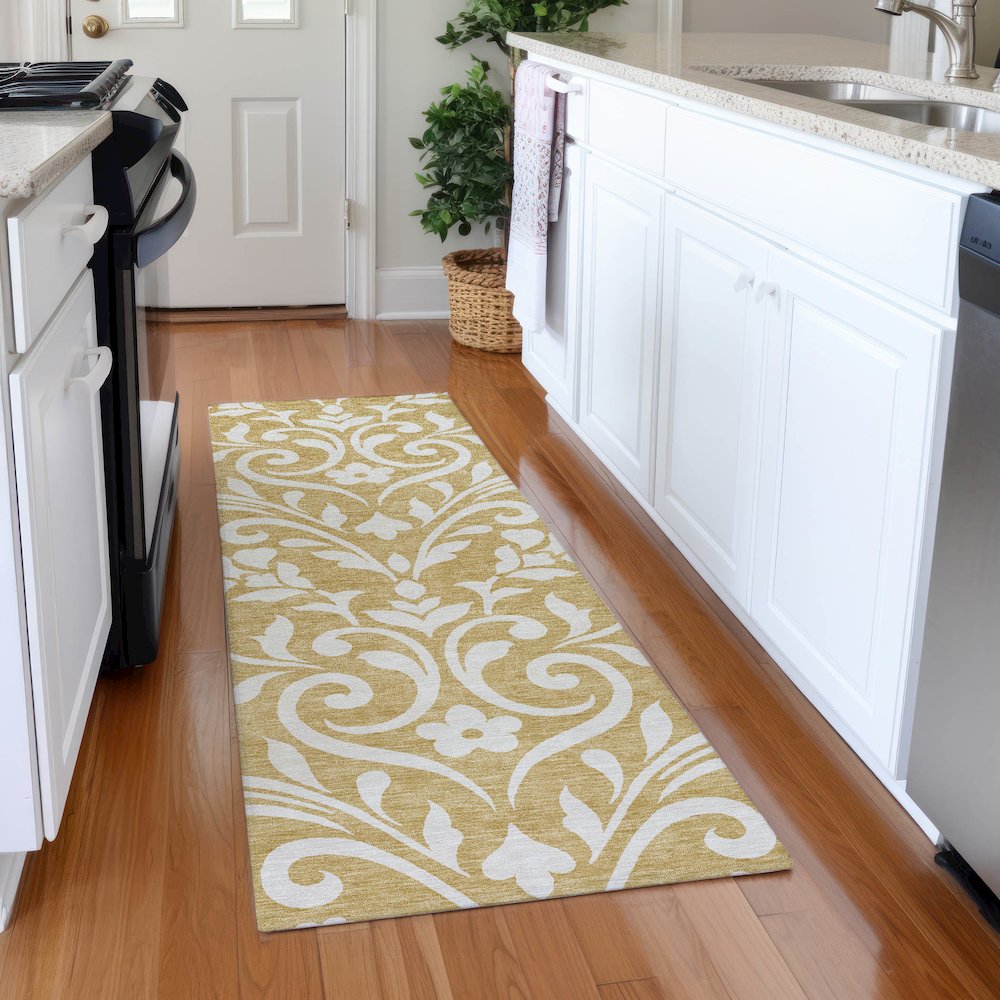 Premium Machine Washable Mayfield AMF875 Gold 2'3" x 7'6" Runner Rug. Picture 5