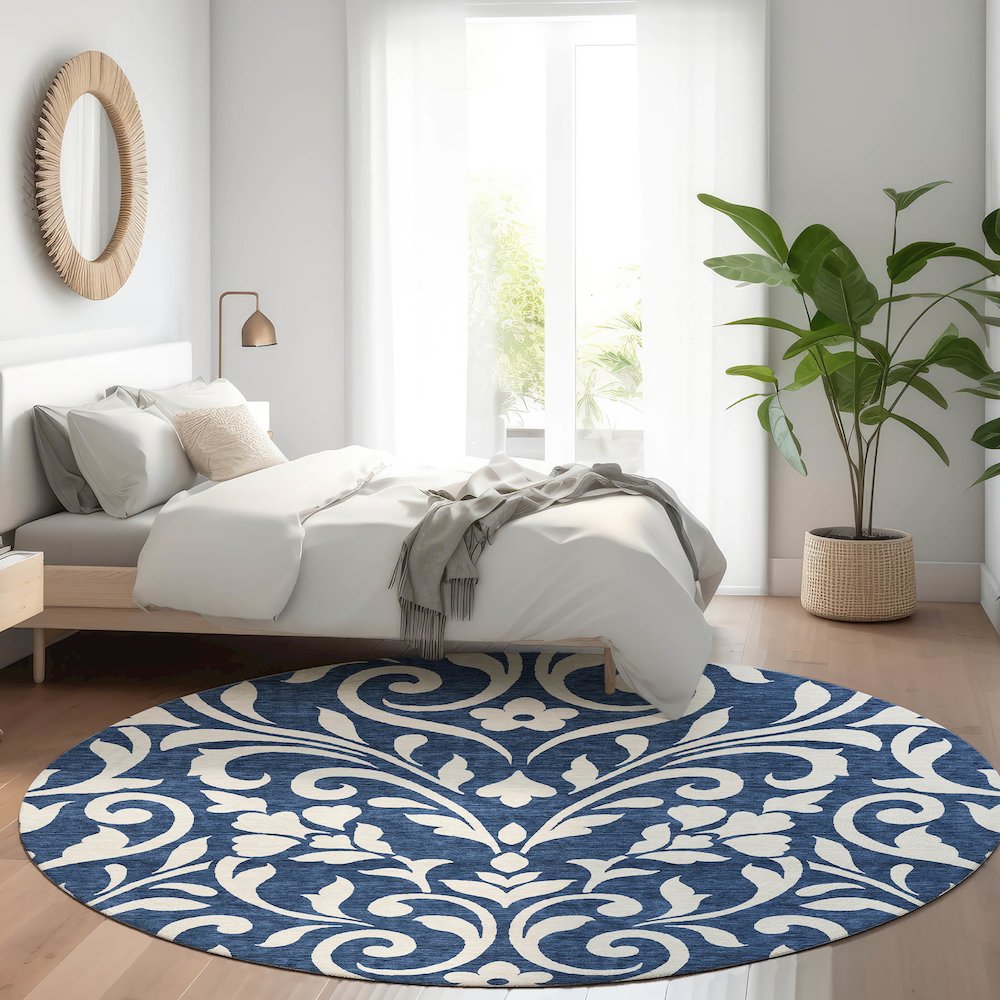Premium Machine Washable Mayfield AMF875 Navy 8' x 8' Round Rug. Picture 5