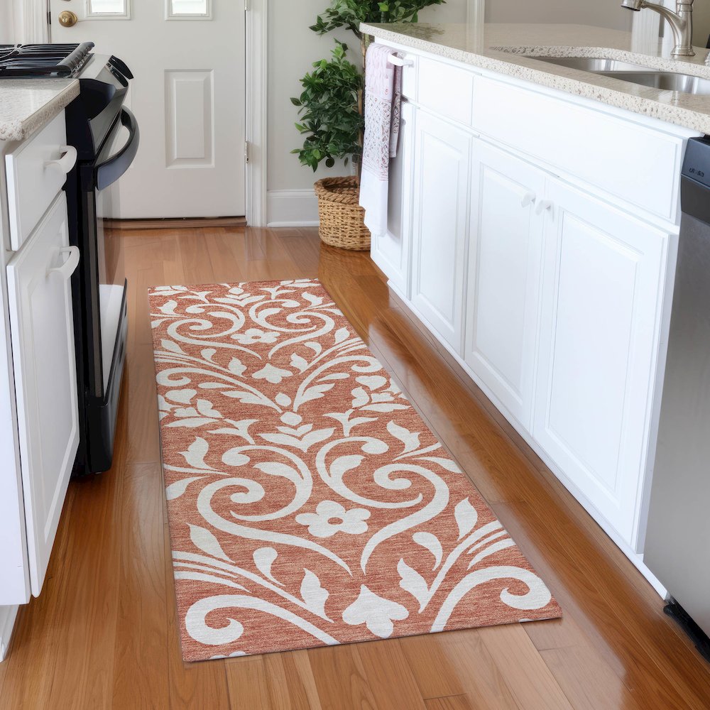 Premium Machine Washable Mayfield AMF875 Salmon 2'3" x 7'6" Runner Rug. Picture 5