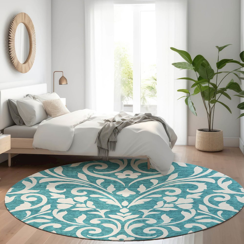Premium Machine Washable Mayfield AMF875 Teal 8' x 8' Round Rug. Picture 5