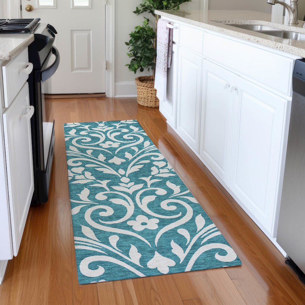 Premium Machine Washable Mayfield AMF875 Teal 2'3" x 7'6" Runner Rug. Picture 5
