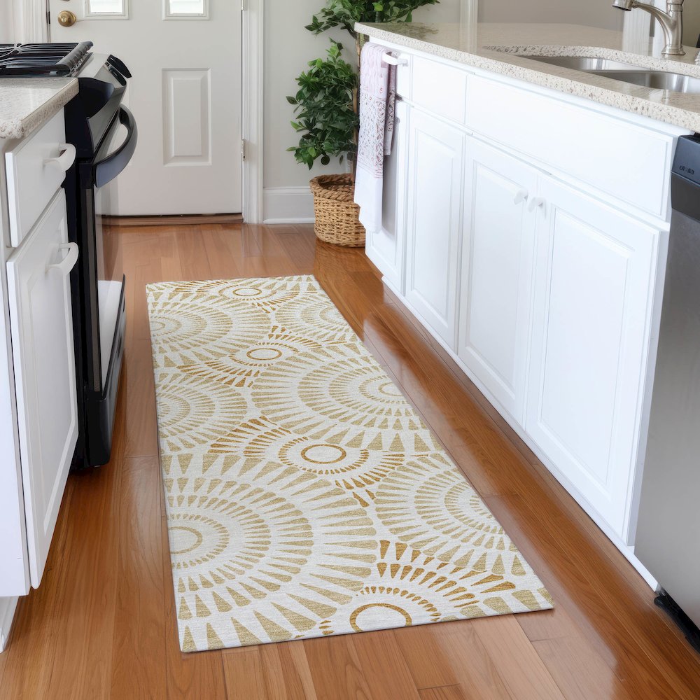 Premium Machine Washable Mayfield AMF877 Gold 2'3" x 7'6" Runner Rug. Picture 5