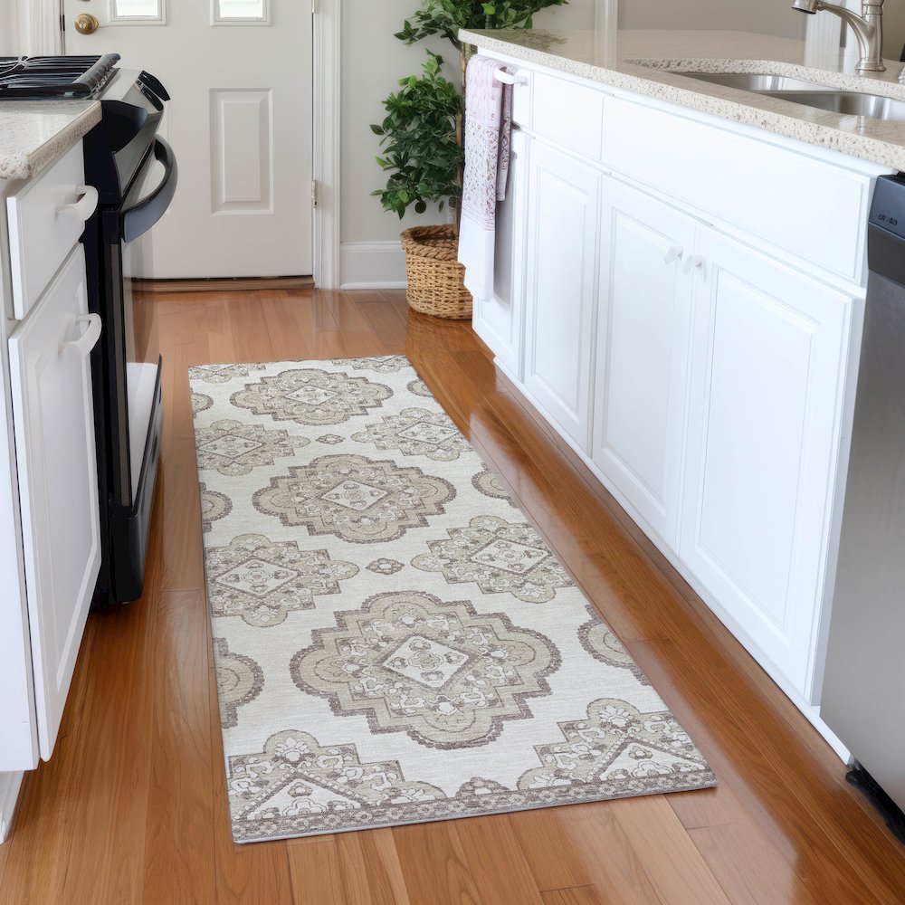 Premium Machine Washable Mayfield AMF878 Ivory 2'3" x 7'6" Runner Rug. Picture 5