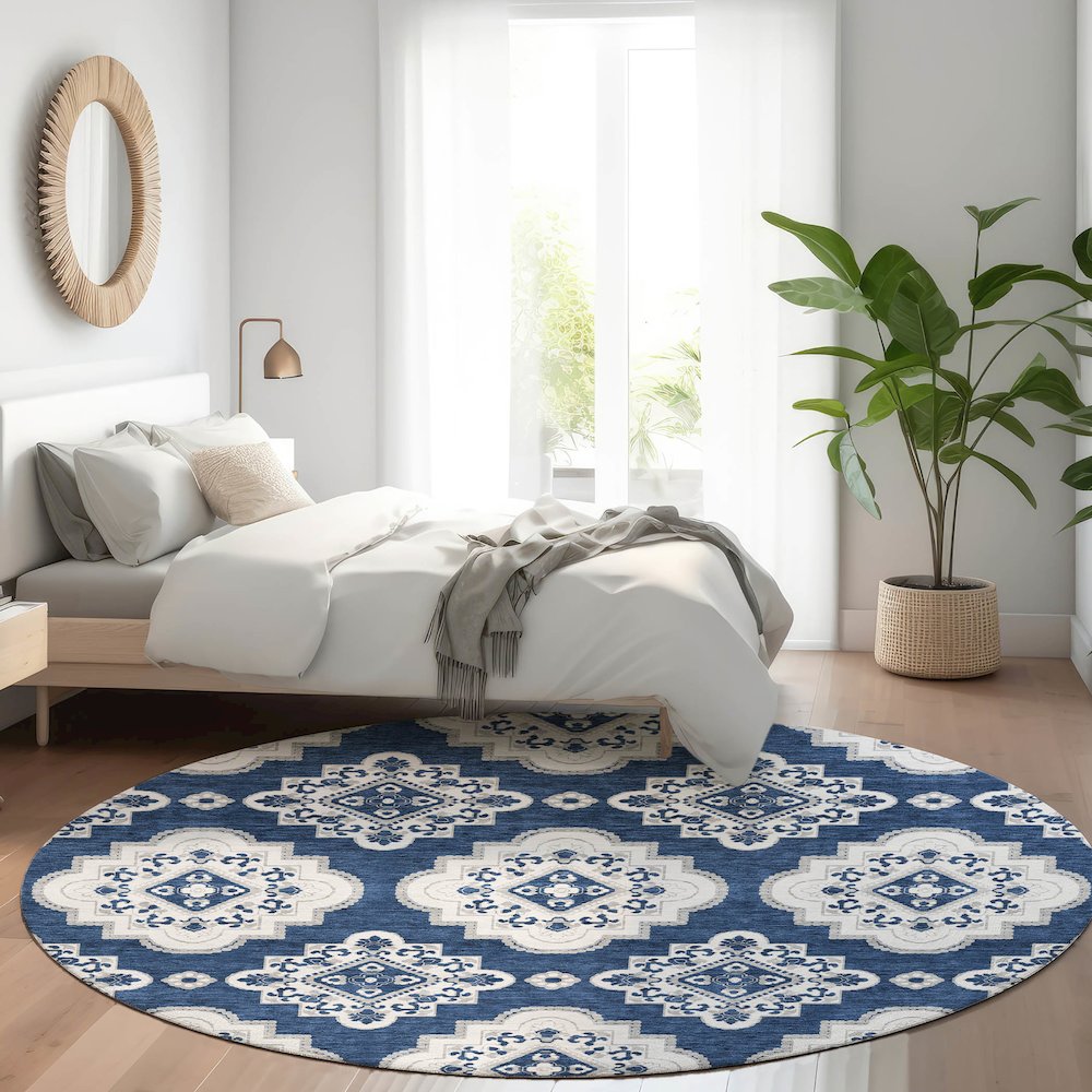 Premium Machine Washable Mayfield AMF878 Navy 8' x 8' Round Rug. Picture 5