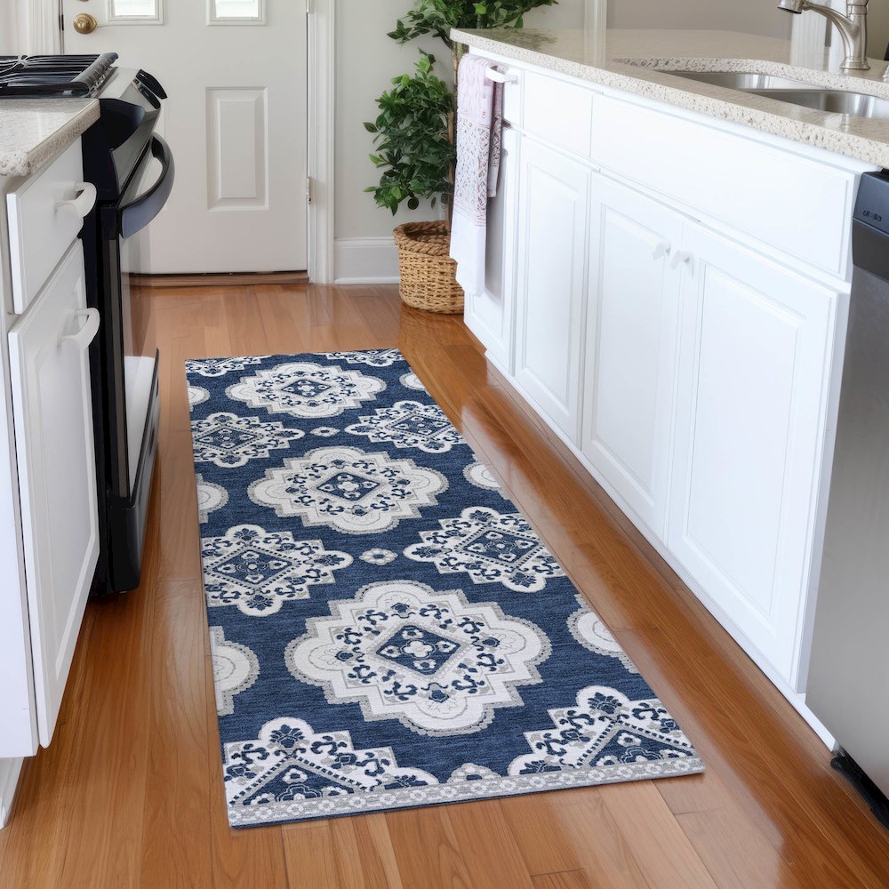 Premium Machine Washable Mayfield AMF878 Navy 2'3" x 7'6" Runner Rug. Picture 5