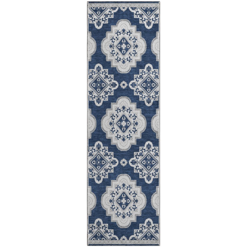 Premium Machine Washable Mayfield AMF878 Navy 2'3" x 7'6" Runner Rug. Picture 1