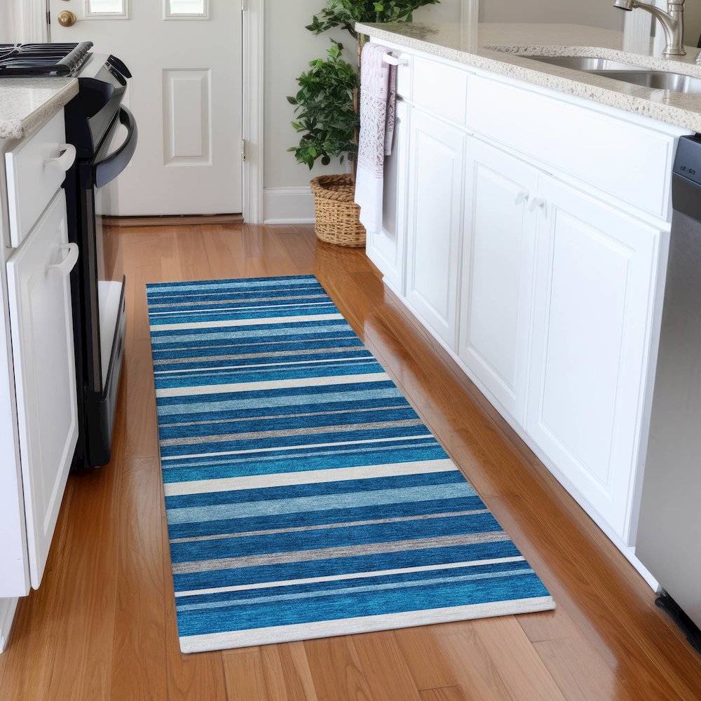 Premium Machine Washable Mayfield AMF879 Denim 2'3" x 7'6" Runner Rug. Picture 5