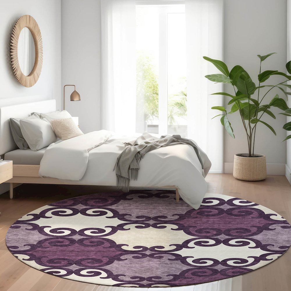 Premium Machine Washable Mayfield AMF883 Eggplant 8' x 8' Round Rug. Picture 5