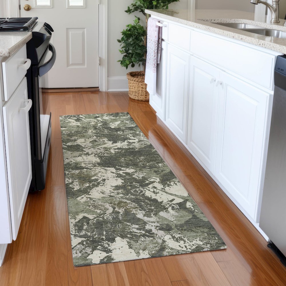 Premium Machine Washable Mayfield AMF885 Olive 2'3" x 7'6" Runner Rug. Picture 5