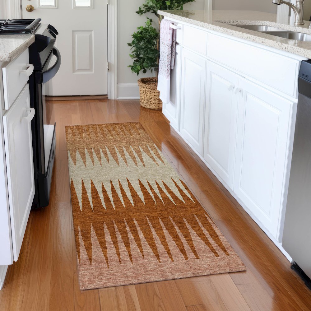 Premium Machine Washable Mayfield AMF886 Copper 2'3" x 7'6" Runner Rug. Picture 5