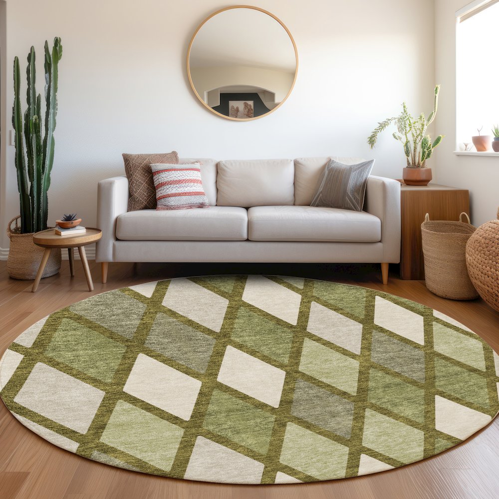 Premium Machine Washable Mayfield AMF887 Olive 8' x 8' Round Rug. Picture 5