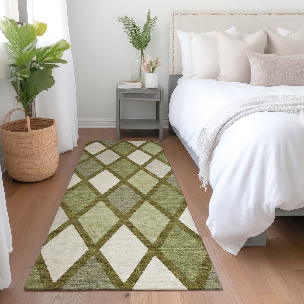 Premium Machine Washable Mayfield AMF887 Olive 2'3" x 7'6" Runner Rug. Picture 5