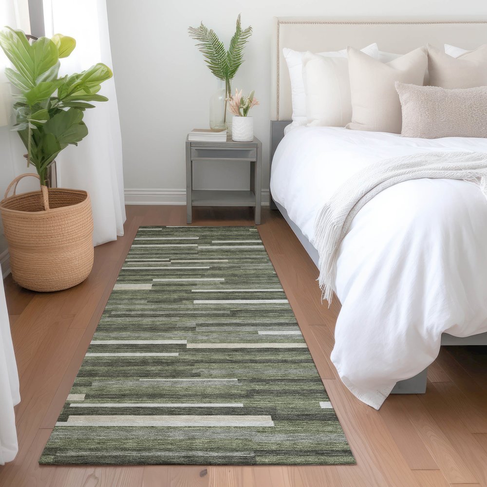 Premium Machine Washable Mayfield AMF894 Olive 2'3" x 7'6" Runner Rug. Picture 5