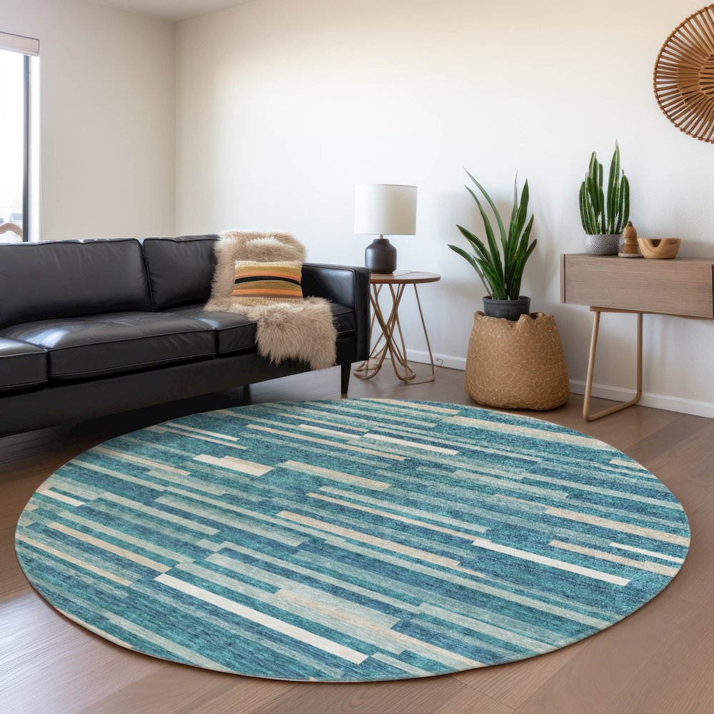 Premium Machine Washable Mayfield AMF894 Teal 8' x 8' Round Rug. Picture 5