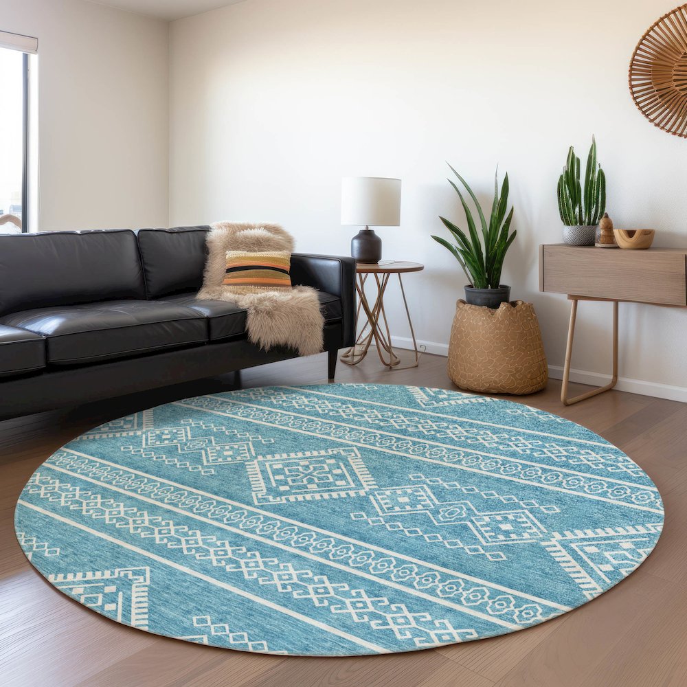 Premium Machine Washable Mayfield AMF901 Teal 8' x 8' Round Rug. Picture 5