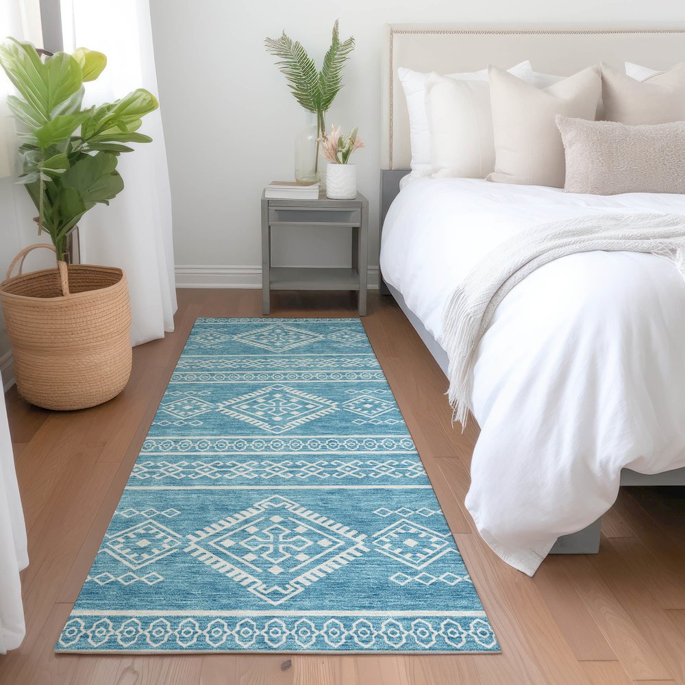 Premium Machine Washable Mayfield AMF901 Teal 2'3" x 7'6" Runner Rug. Picture 5