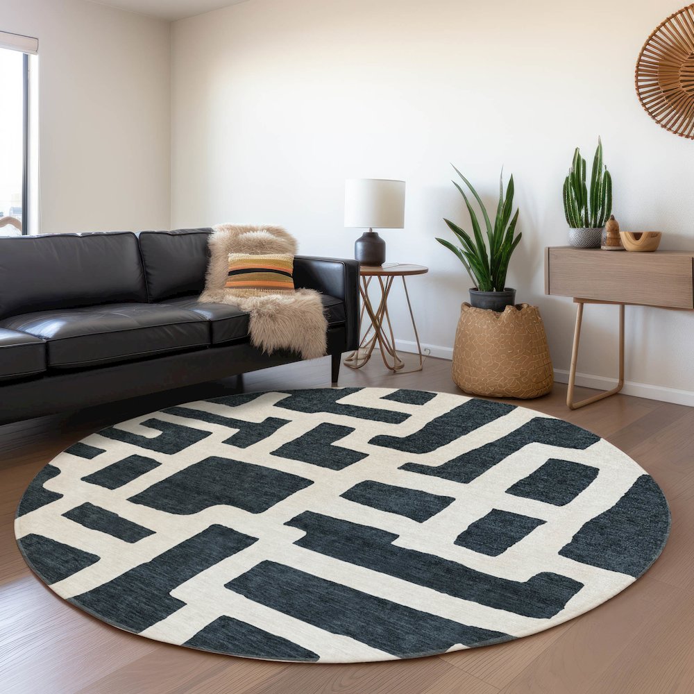 Premium Machine Washable Mayfield AMF903 Black 8' x 8' Round Rug. Picture 5