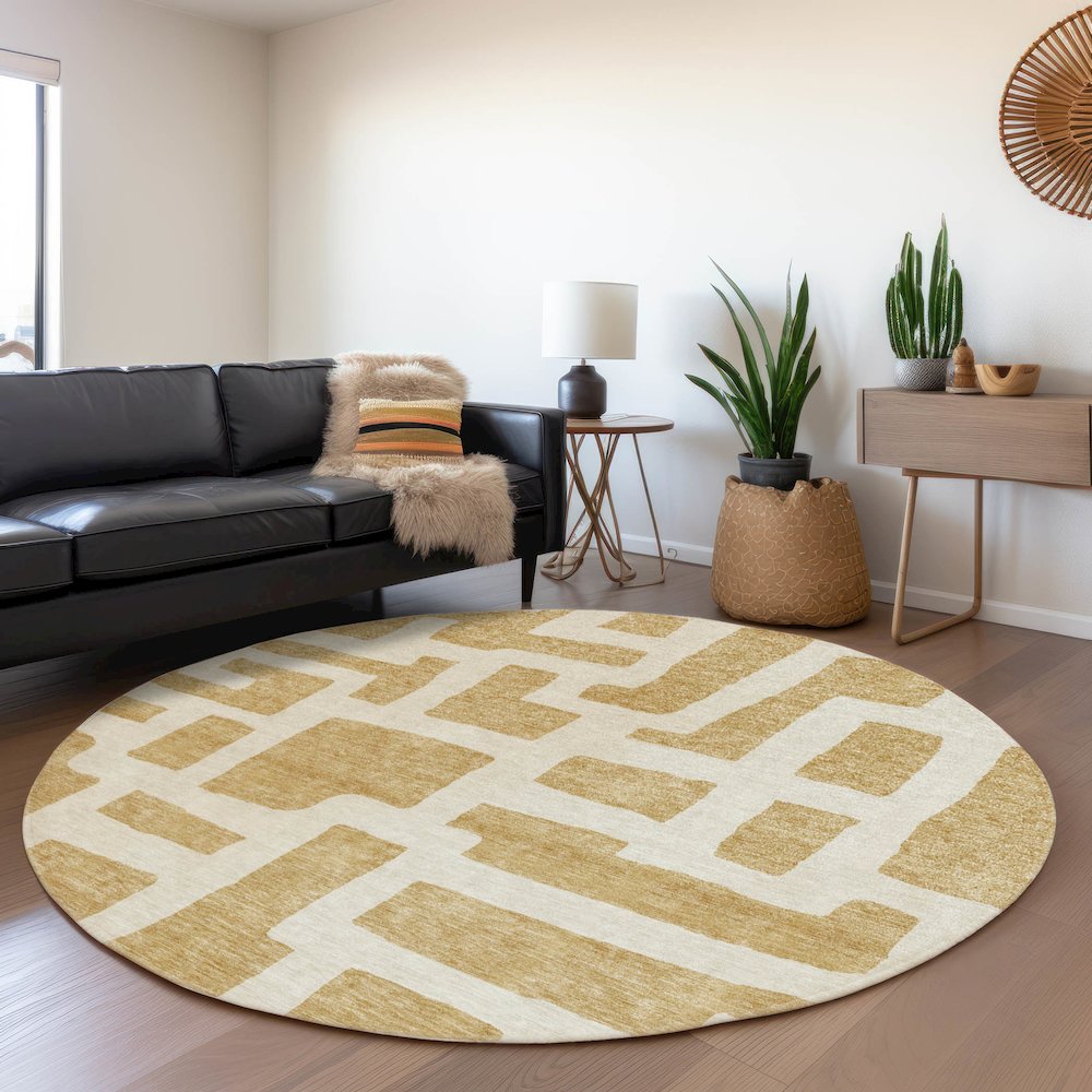 Premium Machine Washable Mayfield AMF903 Gold 8' x 8' Round Rug. Picture 5