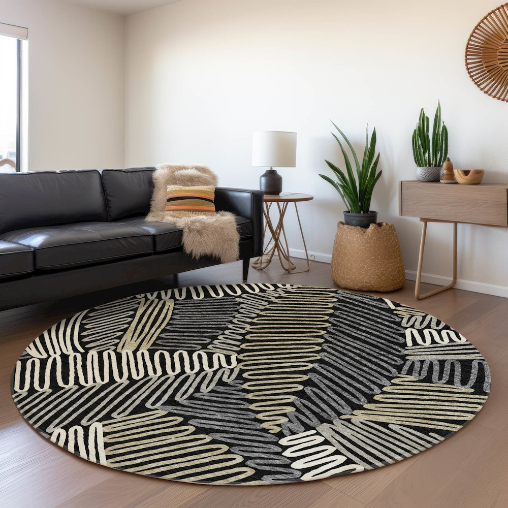 Premium Machine Washable Mayfield AMF904 Black 8' x 8' Round Rug. Picture 5