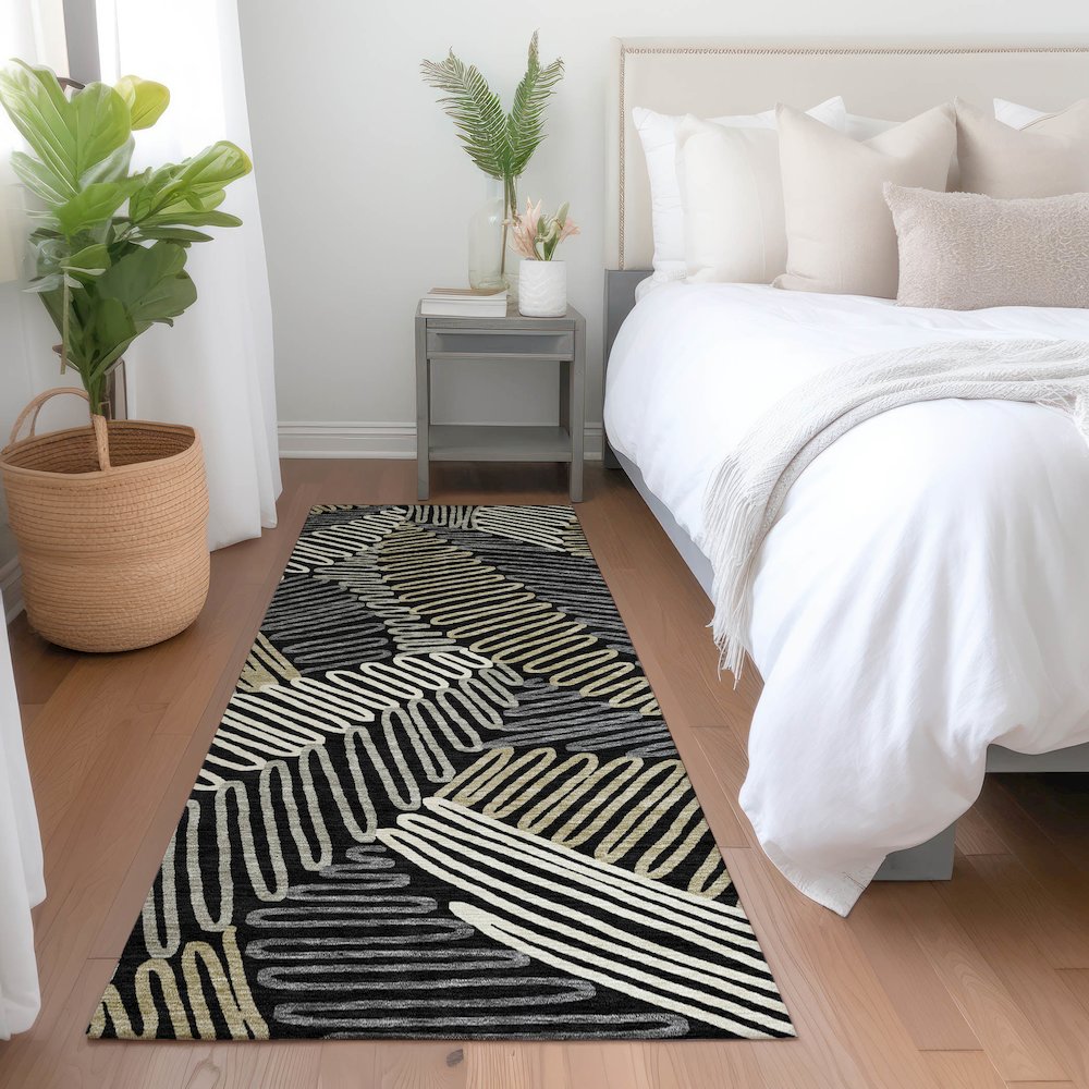 Premium Machine Washable Mayfield AMF904 Black 2'3" x 7'6" Runner Rug. Picture 5