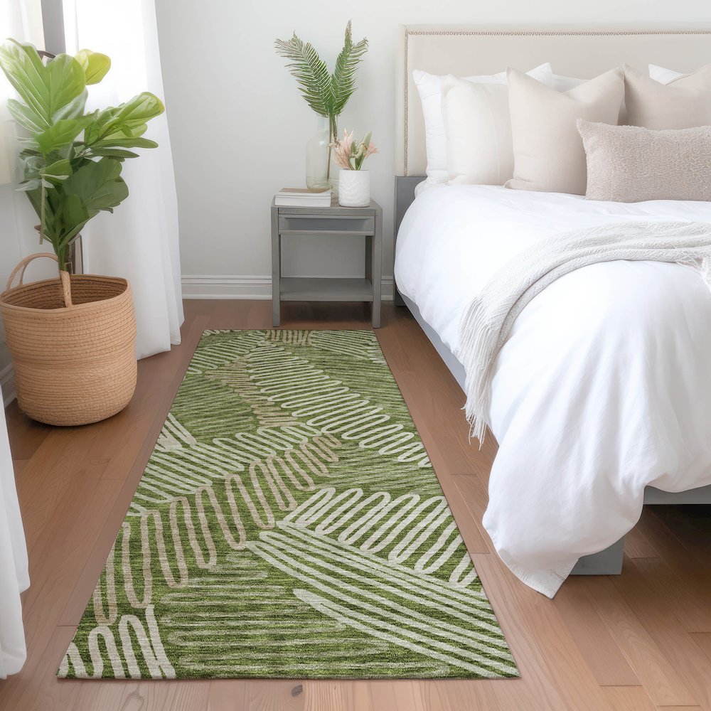 Premium Machine Washable Mayfield AMF904 Olive 2'3" x 7'6" Runner Rug. Picture 5