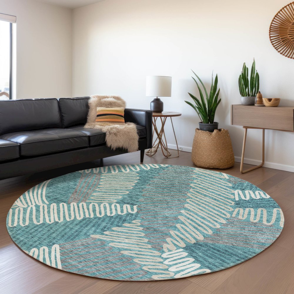 Premium Machine Washable Mayfield AMF904 Teal 8' x 8' Round Rug. Picture 5