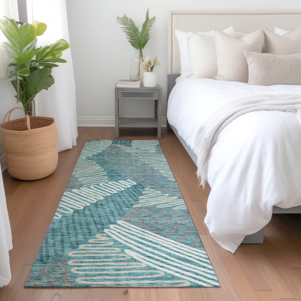 Premium Machine Washable Mayfield AMF904 Teal 2'3" x 7'6" Runner Rug. Picture 5