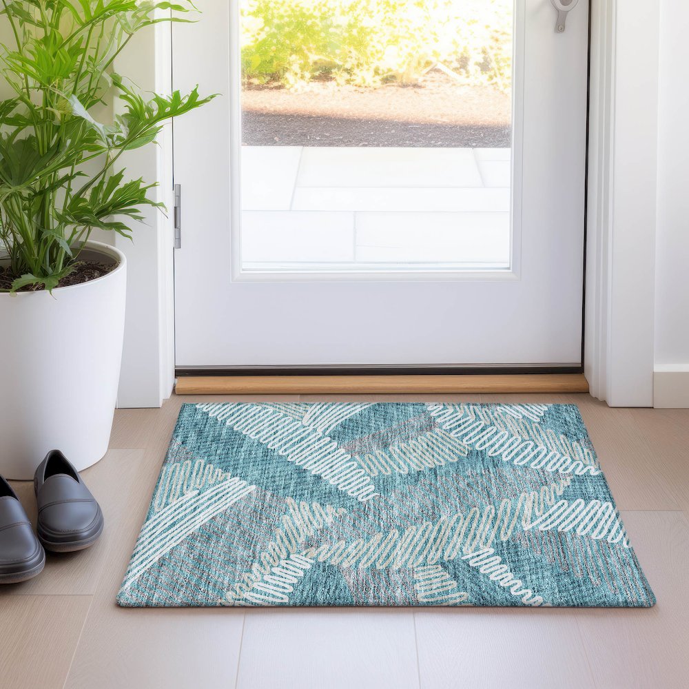 Premium Machine Washable Mayfield AMF904 Teal 1'8" x 2'6" Rug. Picture 5