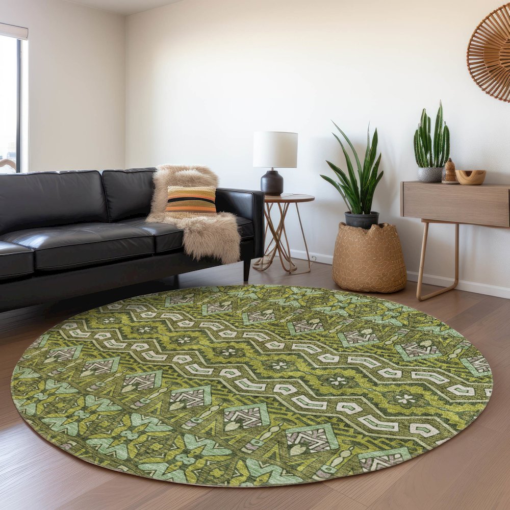 Premium Machine Washable Mayfield AMF909 Olive 8' x 8' Round Rug. Picture 5