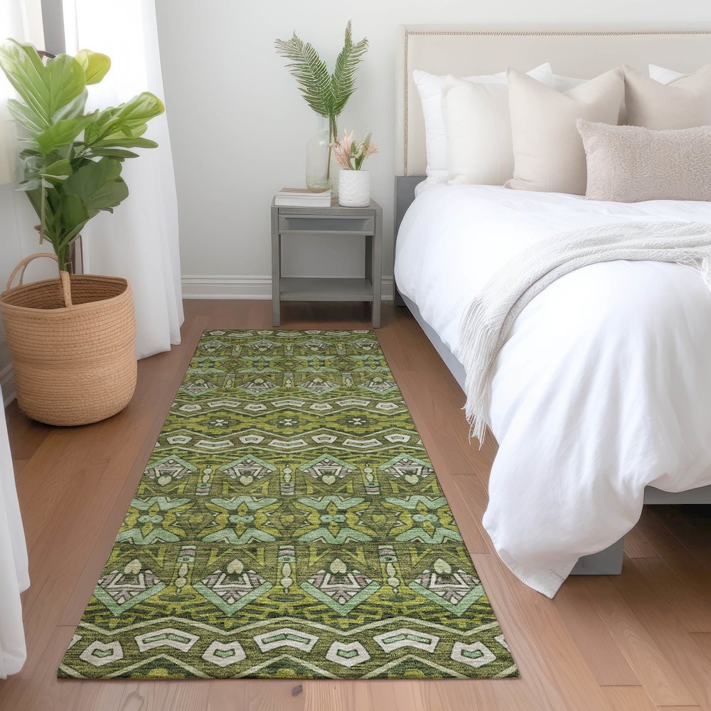 Premium Machine Washable Mayfield AMF909 Olive 2'3" x 7'6" Runner Rug. Picture 5