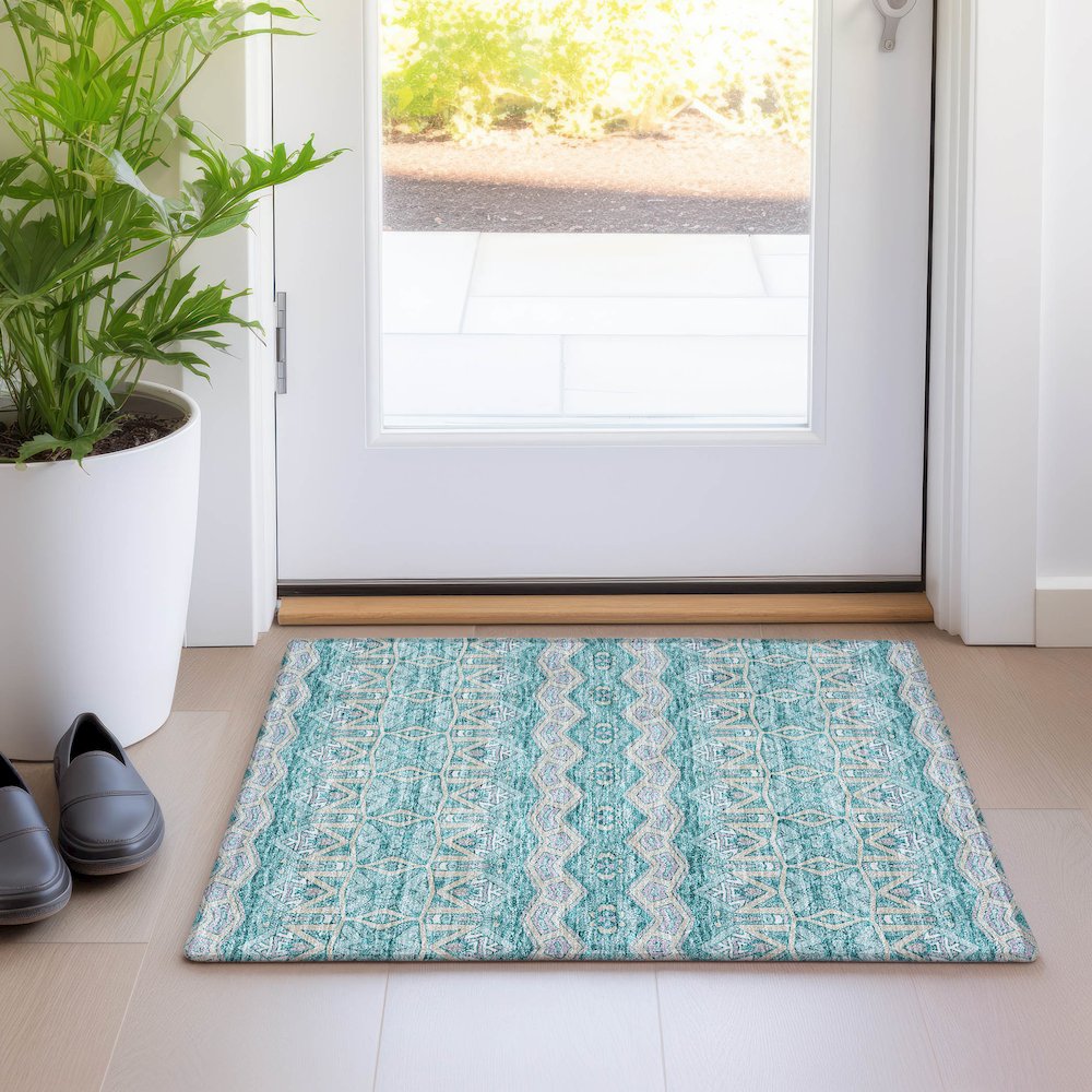 Premium Machine Washable Mayfield AMF909 Teal 1'8" x 2'6" Rug. Picture 5