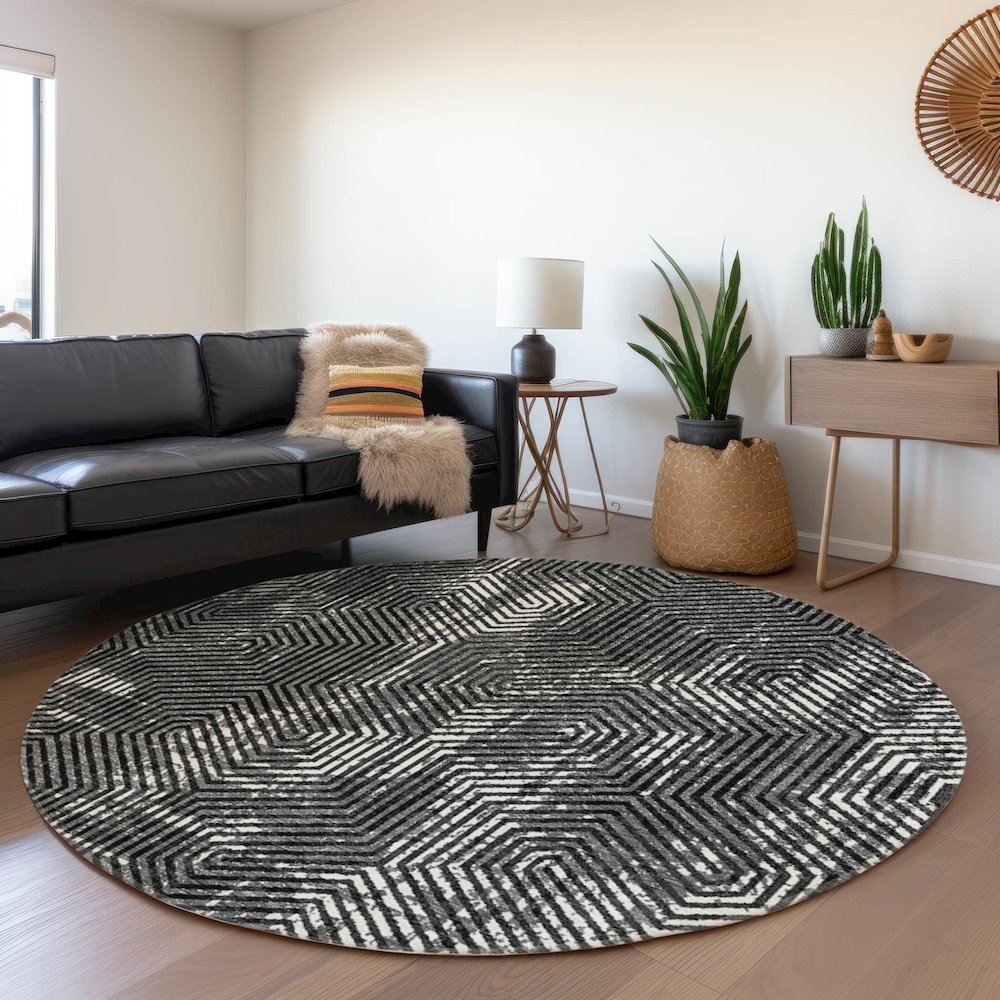 Premium Machine Washable Mayfield AMF912 Black 8' x 8' Round Rug. Picture 5