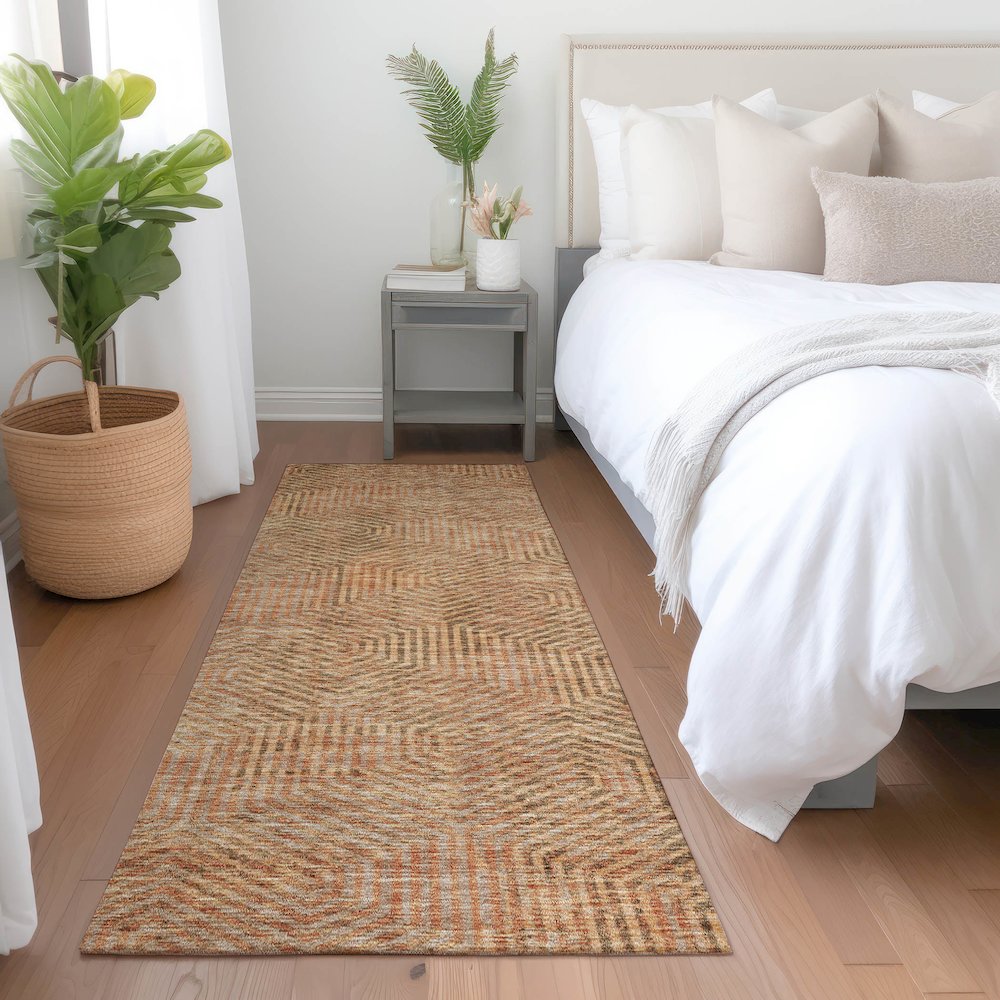 Premium Machine Washable Mayfield AMF912 Copper 2'3" x 7'6" Runner Rug. Picture 5